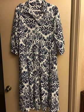 Zara Navy and White Floral-Print Midi Dress
